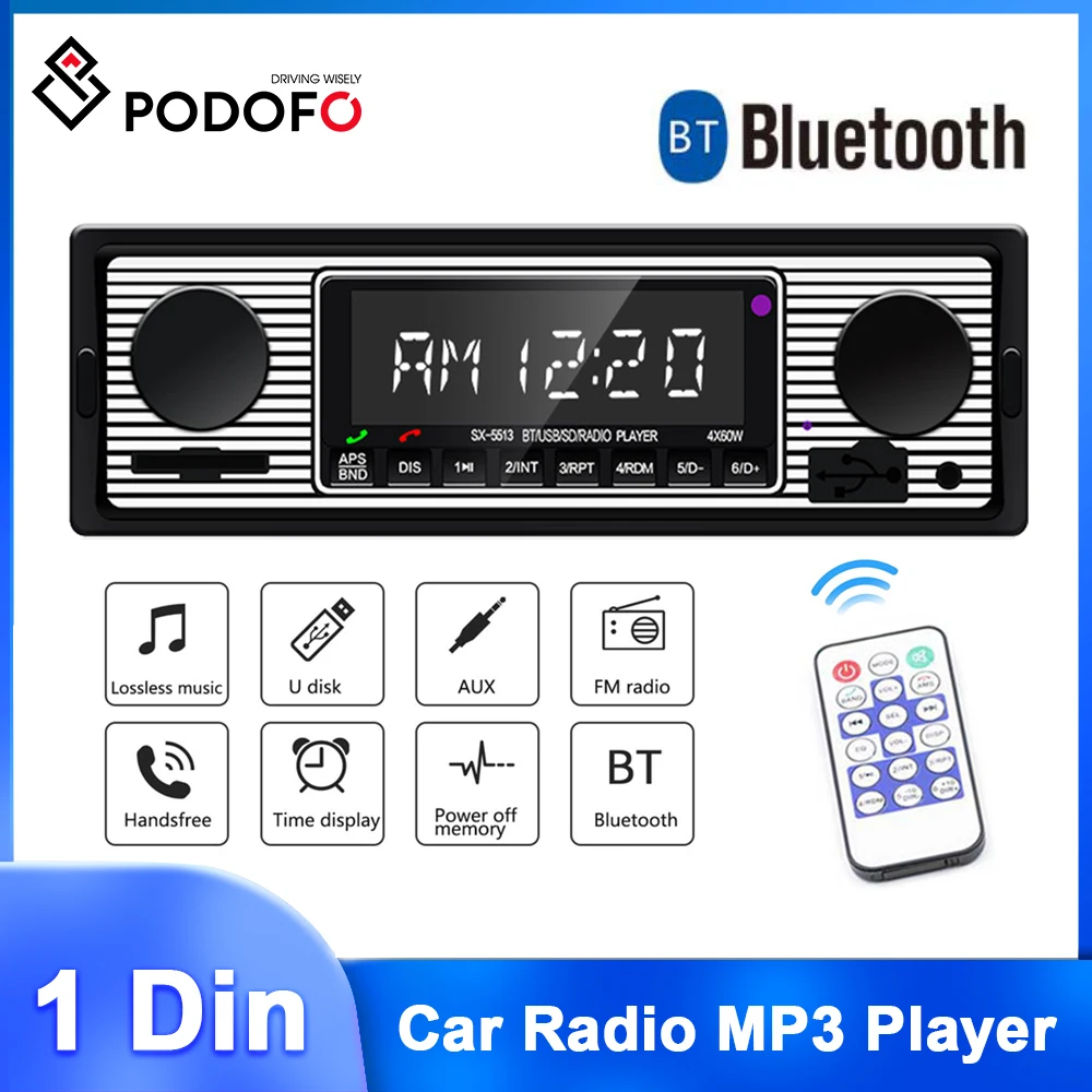 Podofo 1DIN In-Dash MP3 Player Digital Bluetooth Car Radio FM/USB/SD/AUX-IN EQ Sound Music Car Audio ISO Port Car Stereo