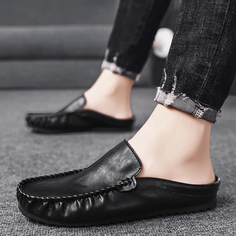 Men Mules Slippers Leather Flat Sneakers Penny Loafers Outdoor Non-slip Backless Slip-on Casual Shoes Slides Sandals Summer