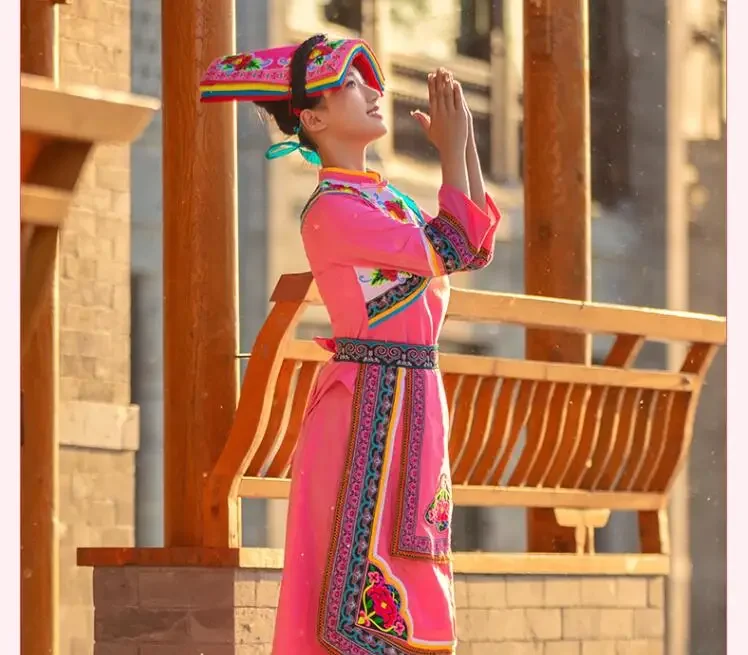 Robe de danse folklorique chinoise pour femme, ethnique Chiang, scène, anterie, rose, Sichuan, nouveau