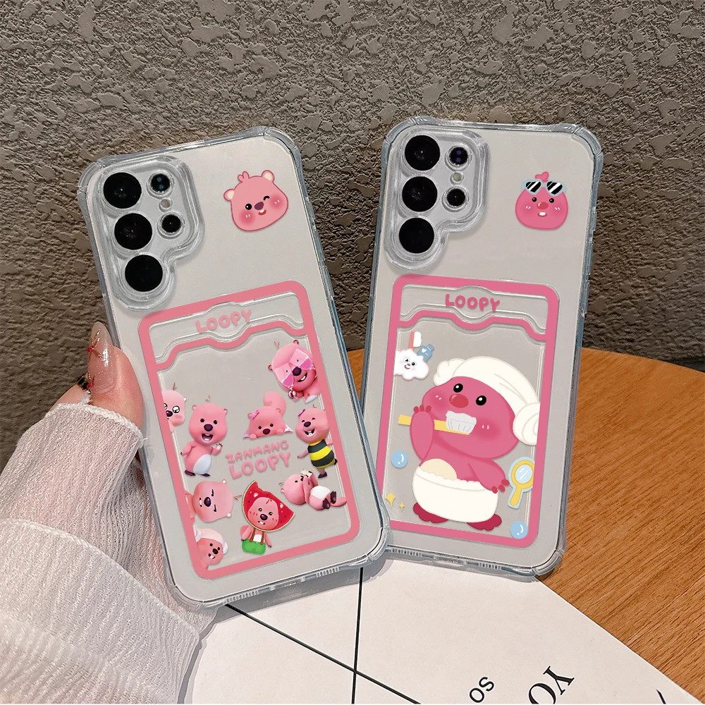 Cute pink anime Loopys Card Hold Phone Case For Samsung S24 S23 S22 S21 S20 FE Plus Ultra M33 M53 M54 5G Anti-fall Clear Cover