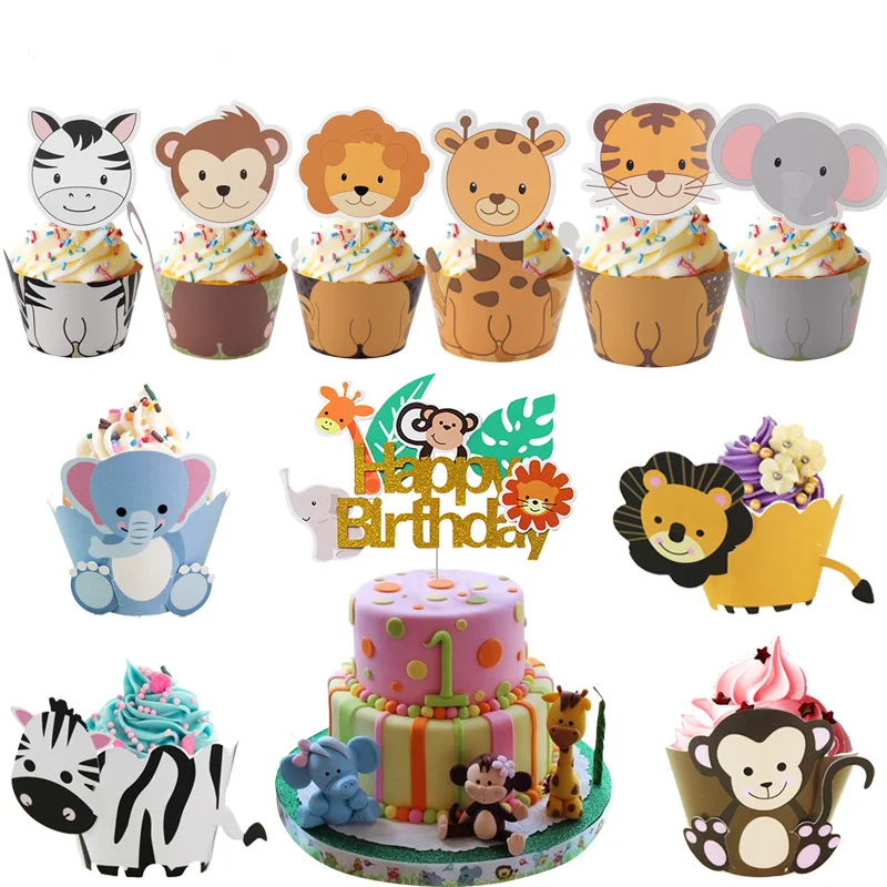 Safari Animals Cake Topper Wild Jungle Party Cupcake Wrapper Kids Happy Birthday Animal Cake Flag Boy Birthday Party Decoration