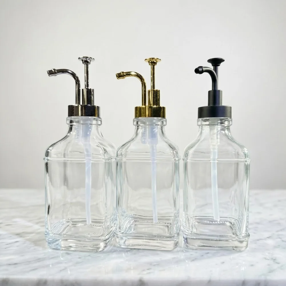 

500ml Glass Soap Dispenser, Clear Square Refillable Bottle for Bathroom, Shampoo Body Wash Lotion Pump Jar, Bathroom Accessories