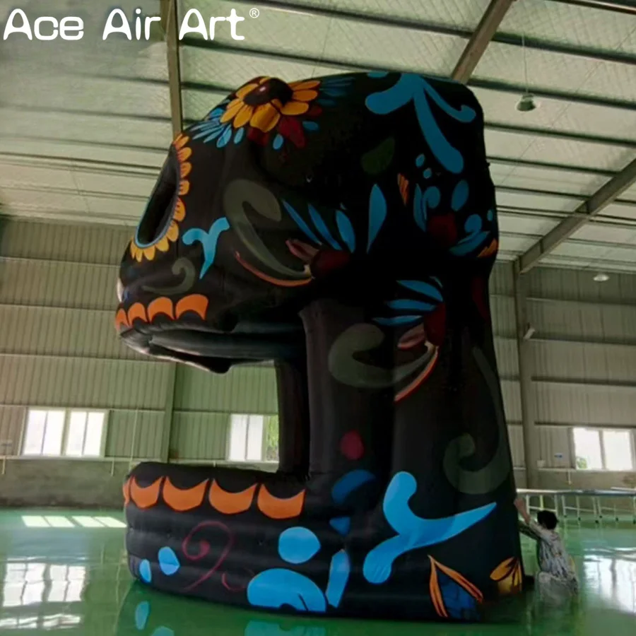 Op maat gemaakte skelet DJ Bar opblaasbare stand voor buiten muziekfeest evenement Halloween zwarte schedel bar tent voor decoratie