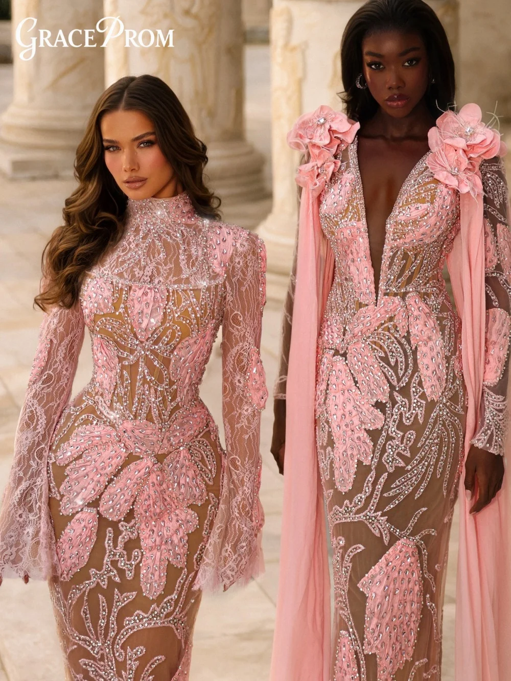 

Elegant Pink Straight Long Dress With Deep V Long Sleeves 3D Flower Bead Party Dress Evening Gown For Wedding Guests فساتين سهرة