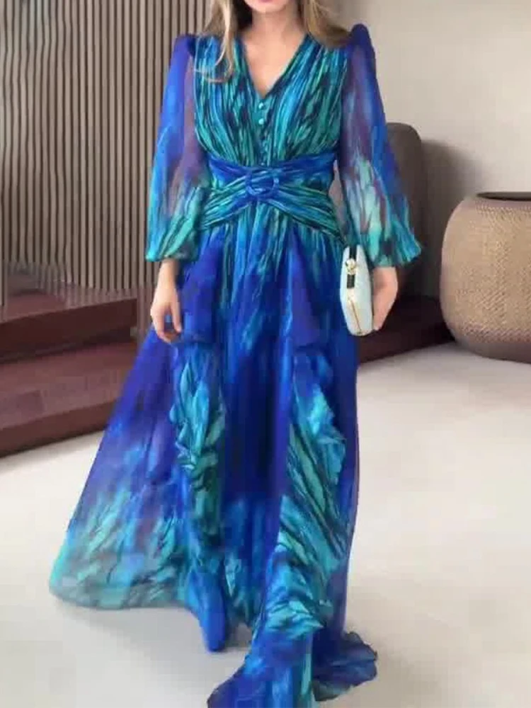 2025 Abito estivo in chiffon con stampa a vita alta con scollo a V a trapezio Abiti stile vintage Abito da sera maxi da ufficio a maniche lunghe per le donne