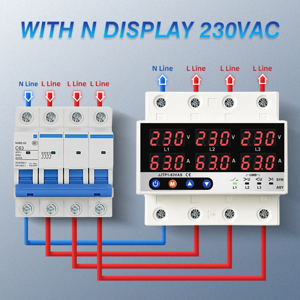 Gray 3-Phase Protector Dual Protection Mode Electrical Device Circuit Breaker Voltage Current Unbalance Detection Fast Response