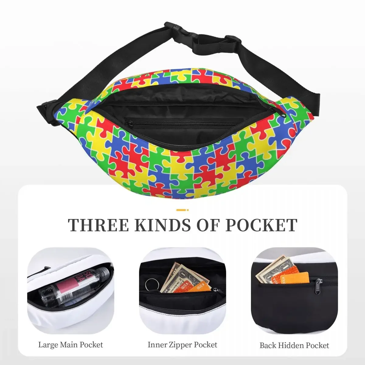 Casual Colorful Puzzle Pieces Autism Awareness Fanny Pack Women Men Sling Crossbody Waist Bag Cycling Phone Money Pouch