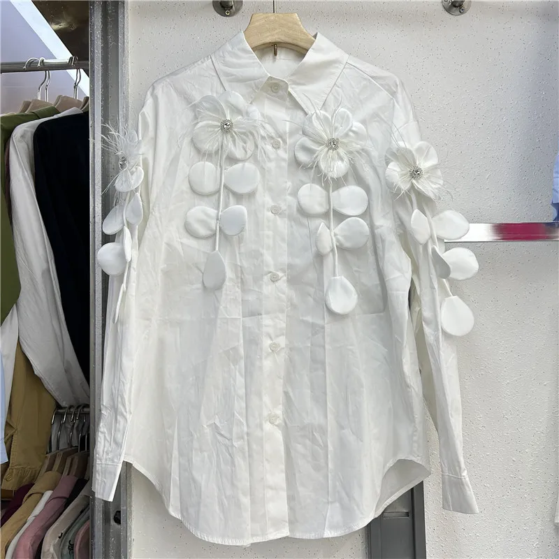 Japanese Retro French Loose Salt Autumn Feather Flower Three-dimensional Printing Niche Chic Design Shirt Long Sleeve Women