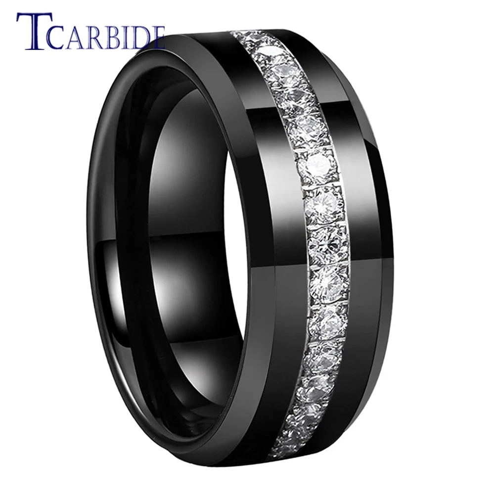 TCarbide 8mm Bright Cubic Zirconia rhinestones Tungsten Carbide Ring for Men Women Fashion Engagement Wedding Band Polish Shiny