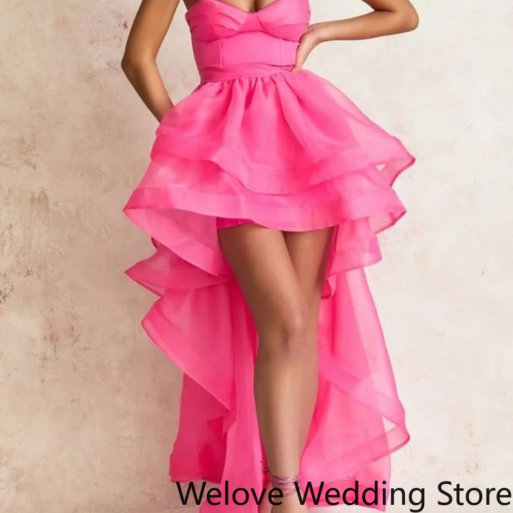 Customized Vibrant Hot Pink Party Dress Strapless Sweetheart Boned Corset Waist Multi Layer Organza Ruffle