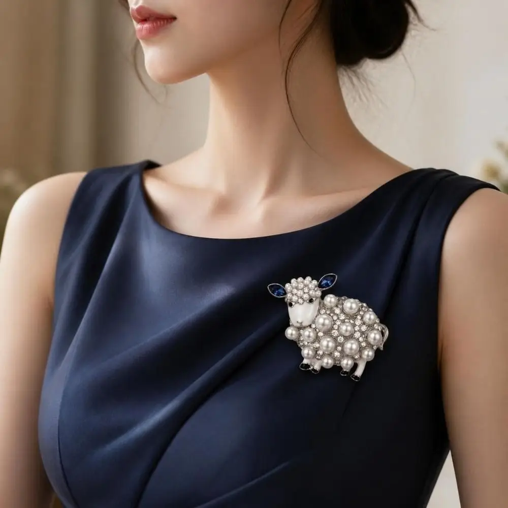 Pearl Sheep Brooch Cute Sheep Shape Rhinestone Brooch Pin Versatile Creative Style Cardigan Closure Pin Cardigan Coat Styling