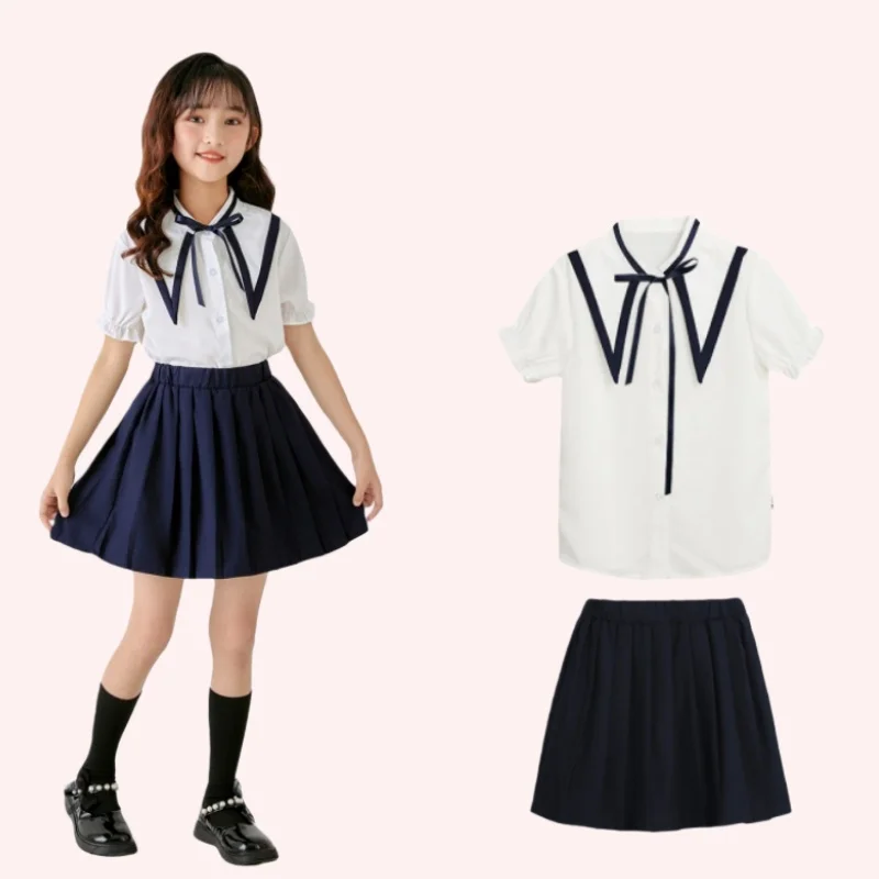 Kindergarten Kids Summer School Uniforms Girls Pleated Skirts Suit Boys Shirt Shorts Bowtie Graduation Performance Costume