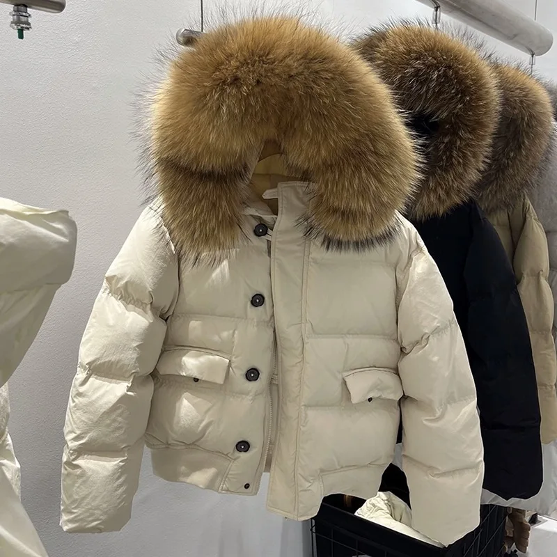 Dongdaemun, South Korea 2024 winter new big fur collar white duck down jacket short loose thickened small woman