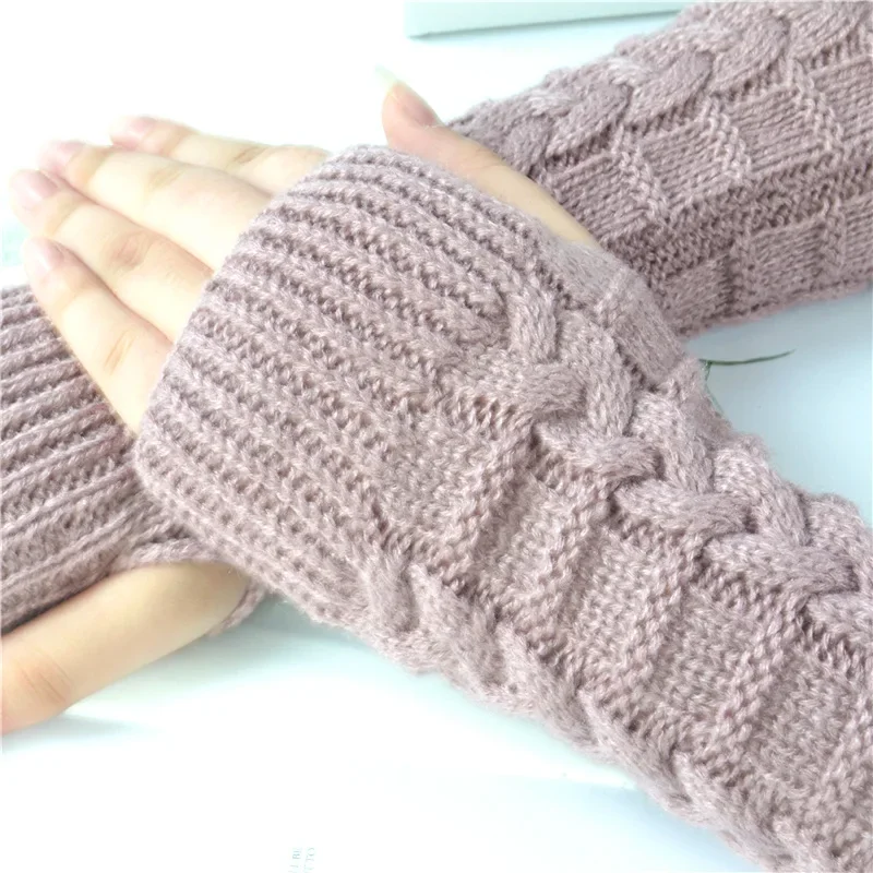 1 Pair Autumn Winter Women Knit Gloves Arm Wrist Sleeve Hand Warmer Girls Rhombus Long Half Winter Mittens Fingerless Gloves