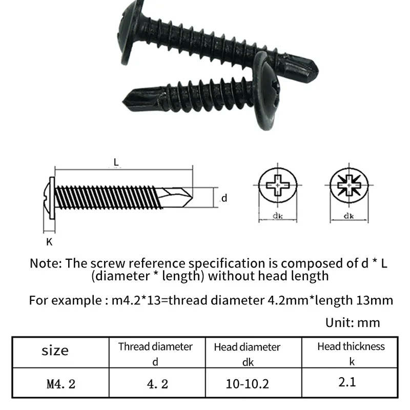 Black Screws Self Tapping Screws M4.2 Scerw Large Flat Head Drilling Tail Screw  Electric Drill Screw 100pcs/200pcs Set