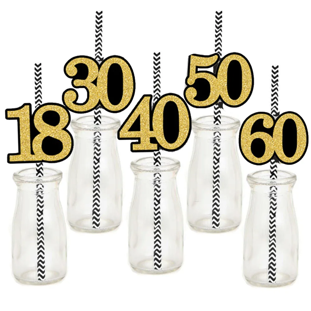 18/30/40/50/60th Party Black and Gold Stripes Paper Glitter cannuccia 30/40/50/60 anni decorazioni per feste di compleanno per uomo donna