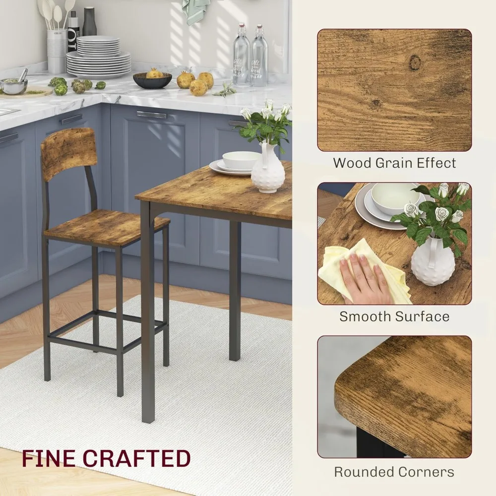 HOMCOM 3-Piece Counter Height Bar Table with Space-Saving Design, Square Kitchen Table and Chairs Set with Footrest, Metal Legs,