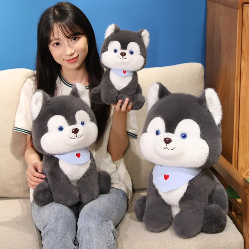 45 cm Cartoon Sciarpa blu Animali Husky Bambole di peluche Cane grigio Cuscino di tiro Giocattoli Super Soft Room Decor Simpatici regali di compleanno per i bambini