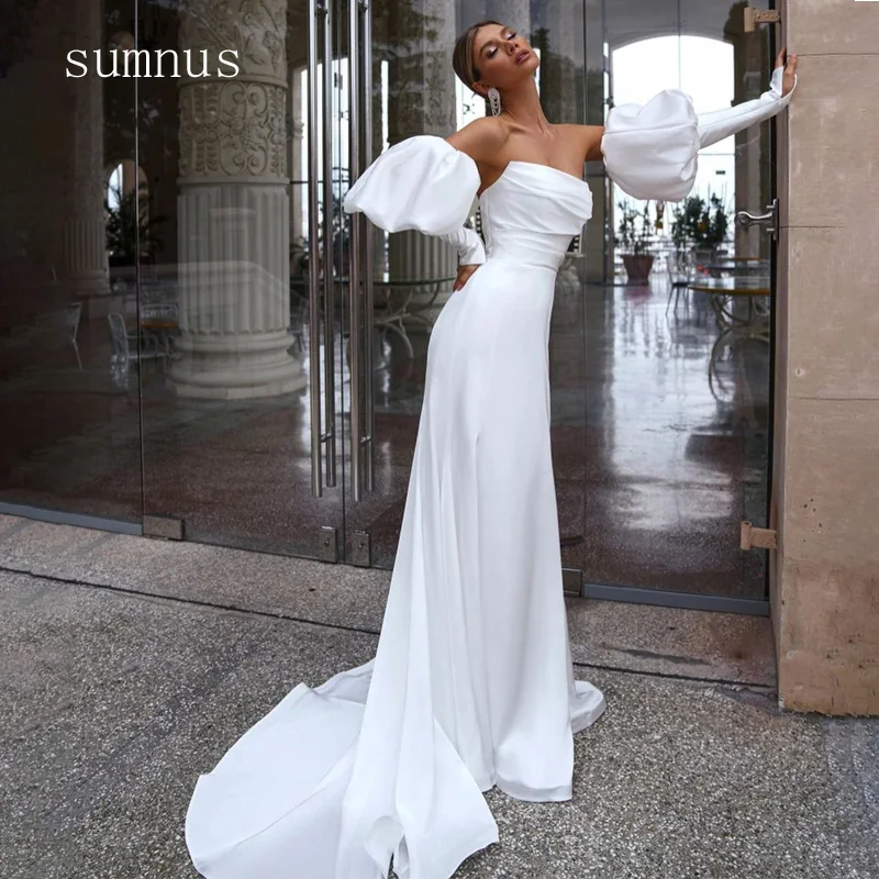 

Sumnus White Mermaid Wedding Dress Detachable Lantern Sleeves Zipper Back Elegant Bride Gown Wedding Gowns vestidos de novia