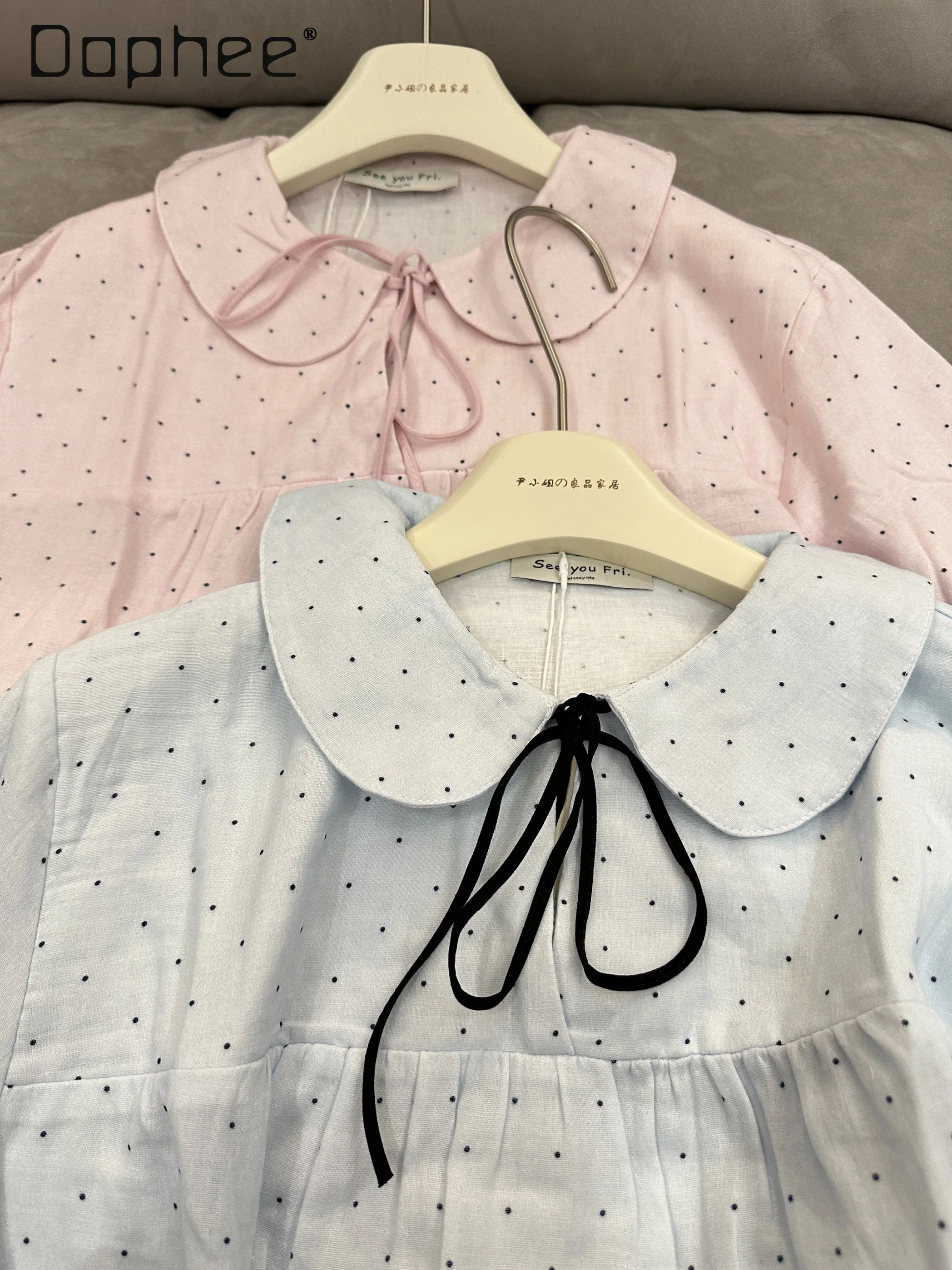 

Korean Style Pink Blue Polka Dot Pajama Sets for Women Cute Doll Collar Lace Up Cotton Soft Loungewear Sweet Home Suit