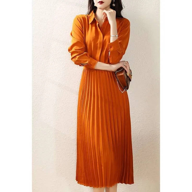 

Spring French irt Pleated Dr Modern Sle High Waist Tfeta Long Sve Midi Dr for Middle-Aged Women Ci Walk