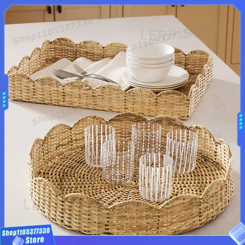 Japanese Style Rattan Tea Tray for Living Room Household Dining Table Storage Organizer Water Cup Snack Fruit Serving Platter