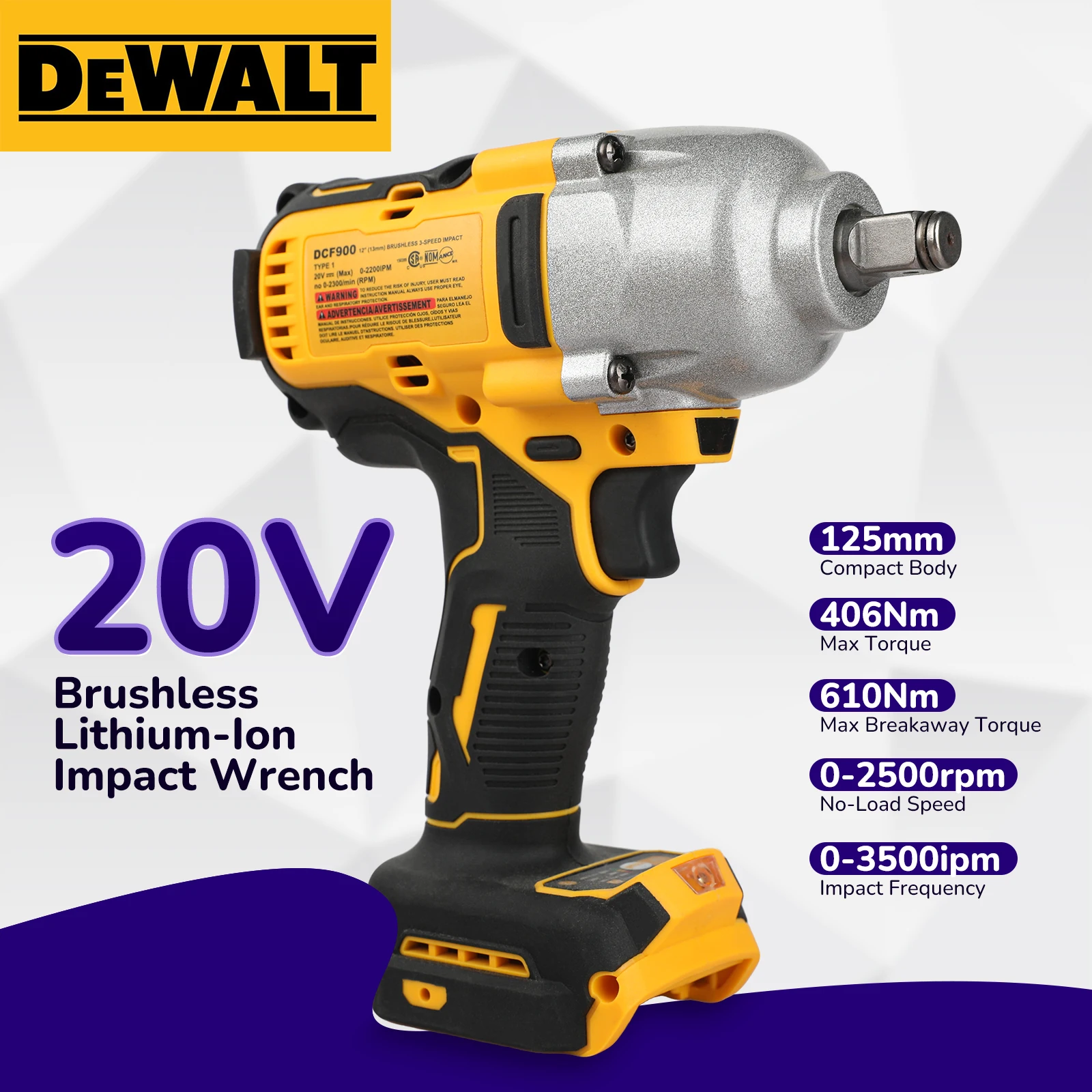 Бесщеточный ударный гайковерт DeWALT DCF900, мощность 20 В, скорость привода под давлением, двойная безопасность и эргономичная конструкция для тяжелых условий эксплуатации