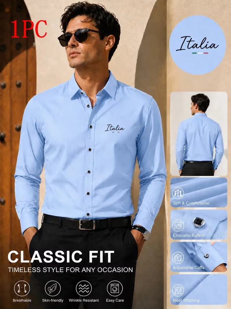 1PC Unisex Premium Business Casual Shirt with Letter Logo Print Long Sleeve Slim Fit Wrinkle Resistant Formal Office Daily Shirt