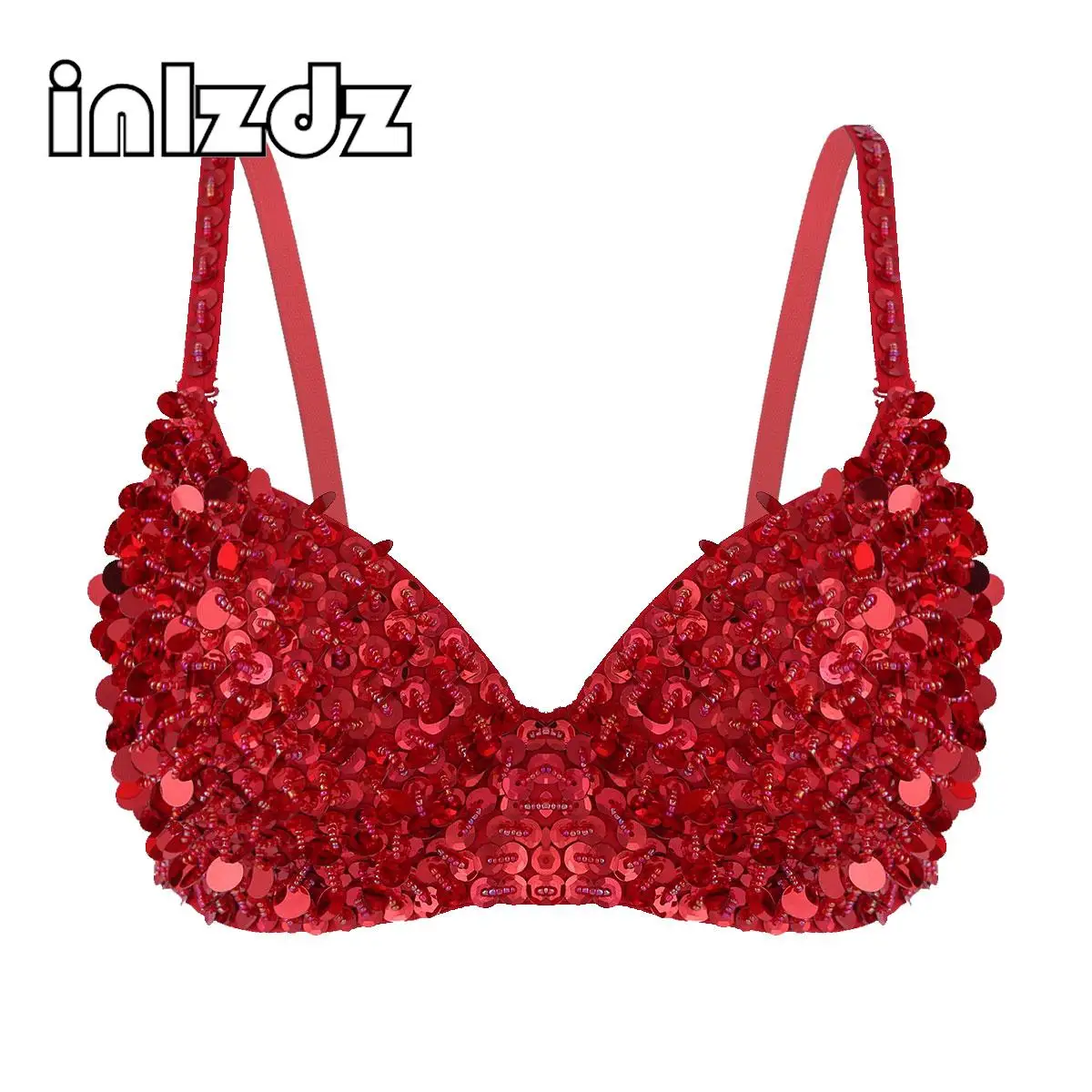 

Women Belly Dancing Bustier Bra Sparkle Glittering Sequins Beading Padded Bra Top for Carnival Rave Dance Costume Party Clubwear