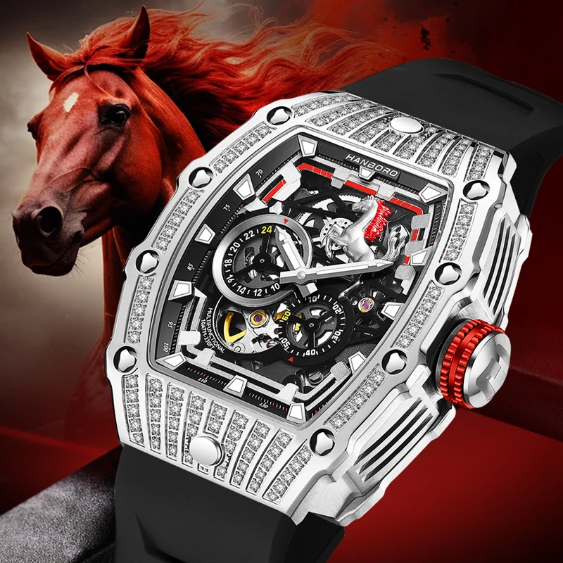 

HANBORO Leading Series Men's Fully Automatic Mechanical Watch Hollow Out Luminous Fashion Diamond Set Watch