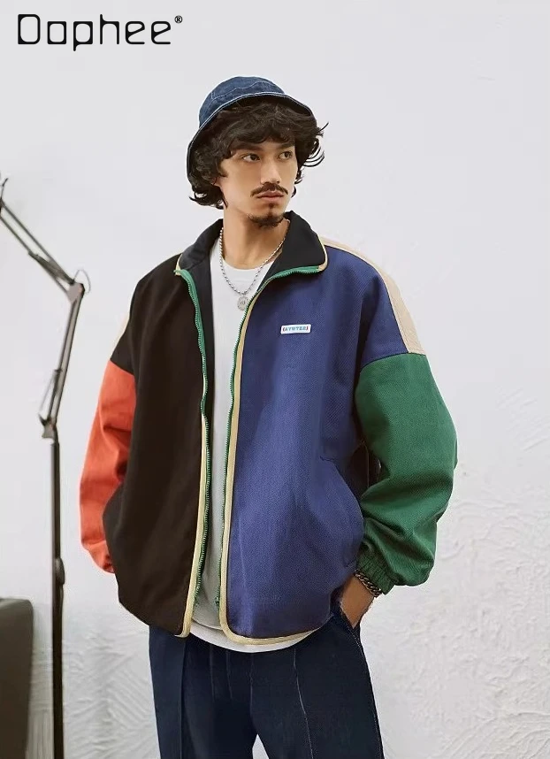 

Spring and Autumn New Men's Japanese Retro Street Style Blue Red Black Color Block Loose Casual Reversible Baseball Jacket