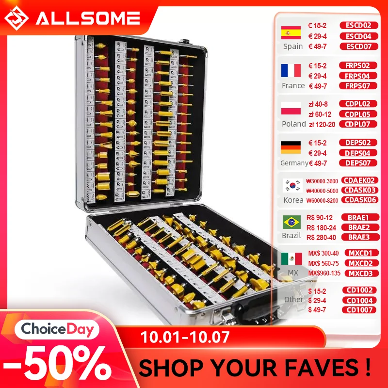 

ALLSOME 100Pcs/Set 1/4 Inch Shank Tungsten Carbide Router Bit Woodworking Milling Cutter HT1192