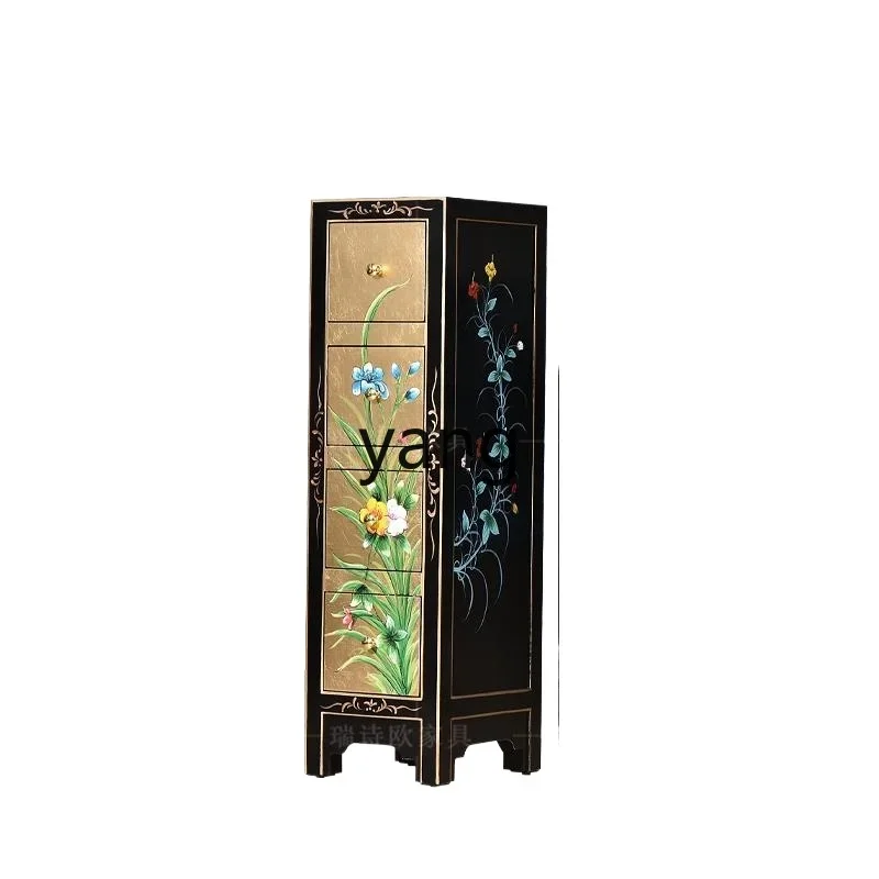 Yjq new Chinese gold foil solid wood four chest cabinet living room vertical retro painted drawer porch storage side cabinet