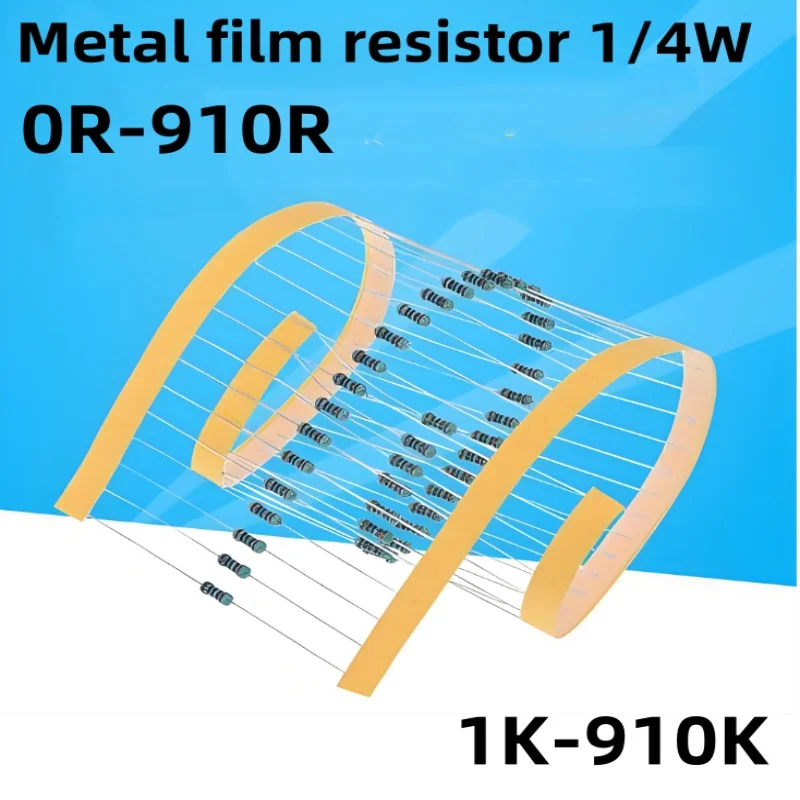 100pcs 1/4W Metal Film Resistor Element 1% 0.25W 1K 1.5K 2.2K 4.7K 10K 22K 47K 100K 470k 100 220 4K7 Ohm 5 Color Ring Resistors
