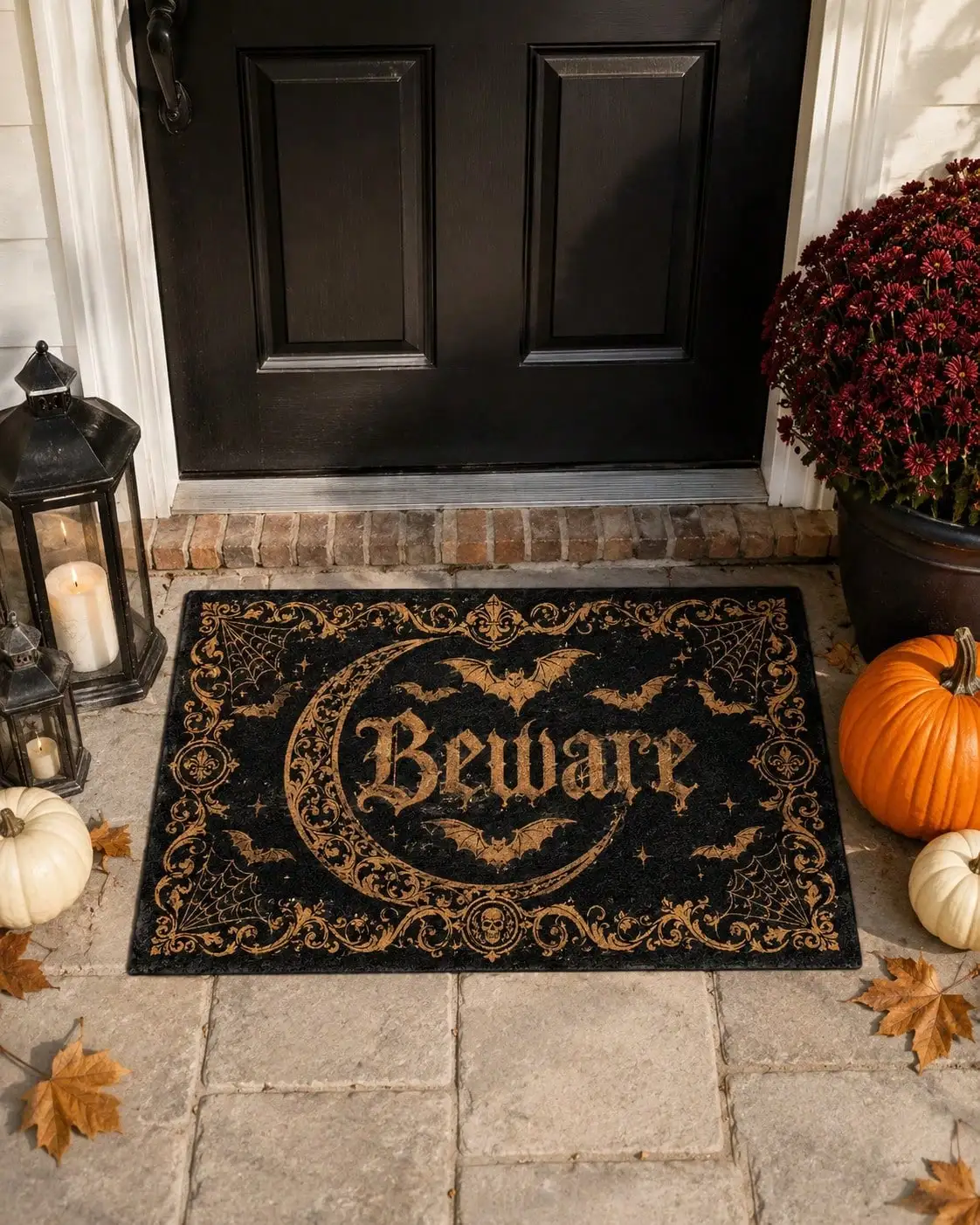 Halloween Doormat Beware Bat Crescent Moon Skull Spider Web Scroll Letter Pattern Front Entrance Porch Patio Indoor Outdoor Kitchen Bathroom Living Room Hallway Haunted House Holiday Decor Trick Or Treat Party Housewarming Gift Autumn Seasonal