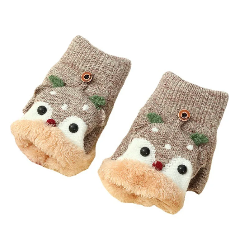 Autumn Winter Christmas Deer Flip Gloves Korean Version of Cute Cartoon Student Writing Cycling Warm and Cold Flip Gloves