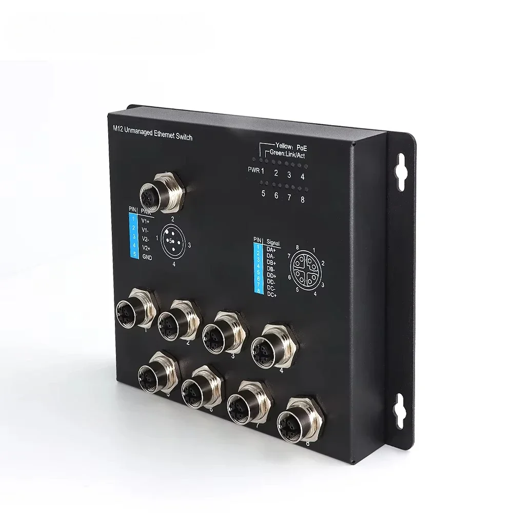 Nieuwe Onbeheerde M12 X-code 8-pins vrouwelijke connector Industriële Ethernet-schakelaars DC12-52V PoE-voeding M12 X-code 8-pins