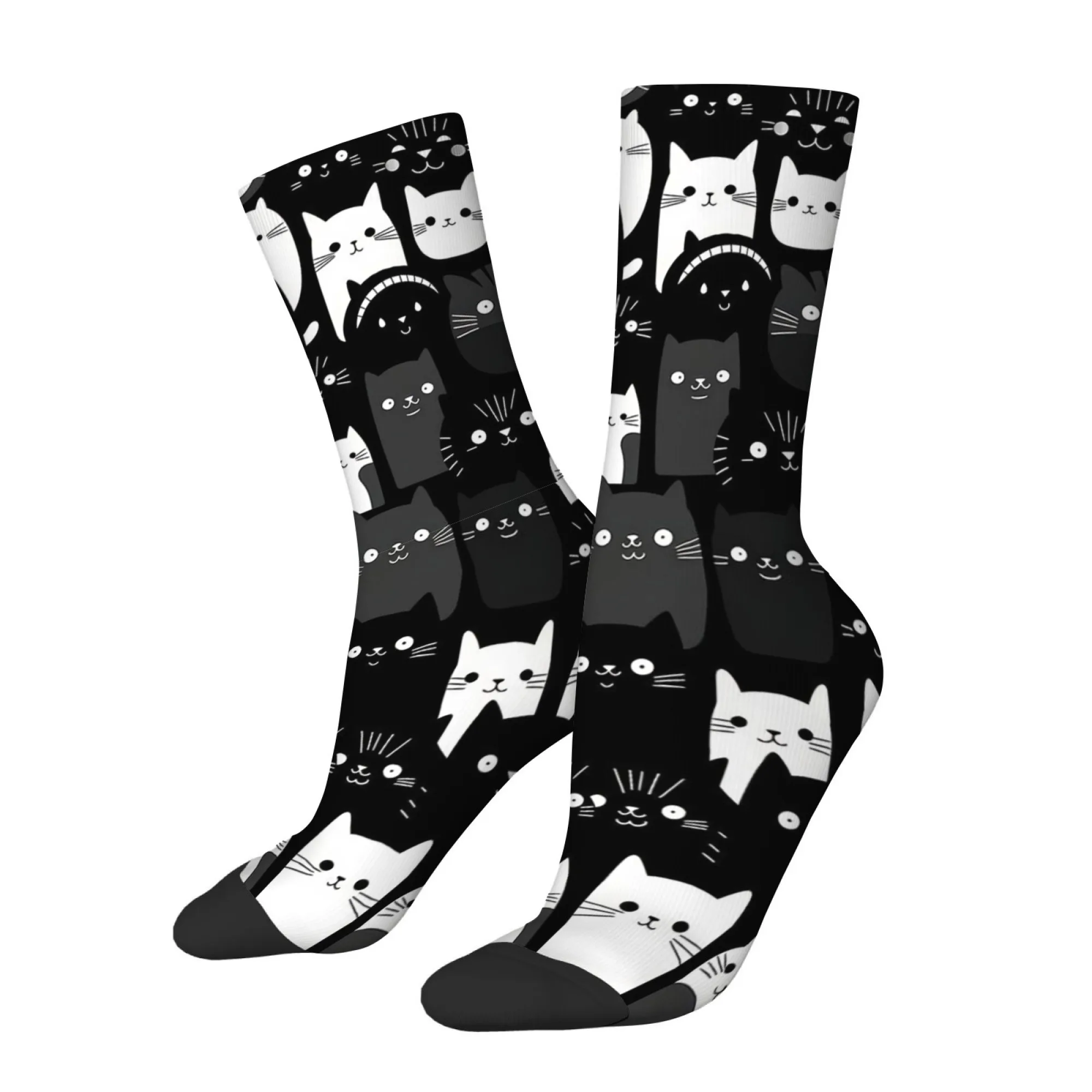 Black White Cartoon Cat Print Mid-calf Socks All-over Print Adorable Cat Soft for Cat Lovers Comfortable Socks for Home Wear