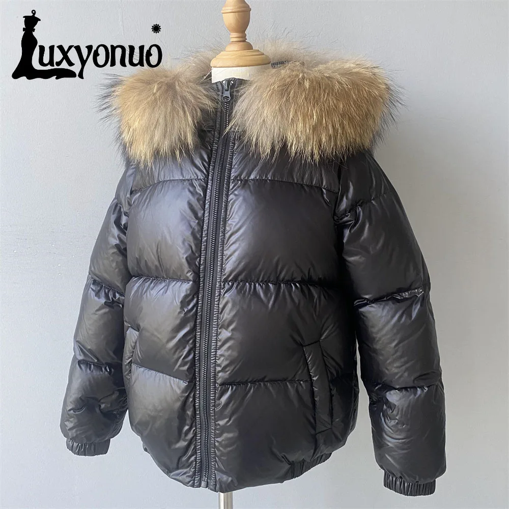 Luxyonuo Girl Child Down Jacket Winter Warm White Duck Down Coat With Real Raccoon Fur Collar Boy Baby Solid Color Hooded Jacket