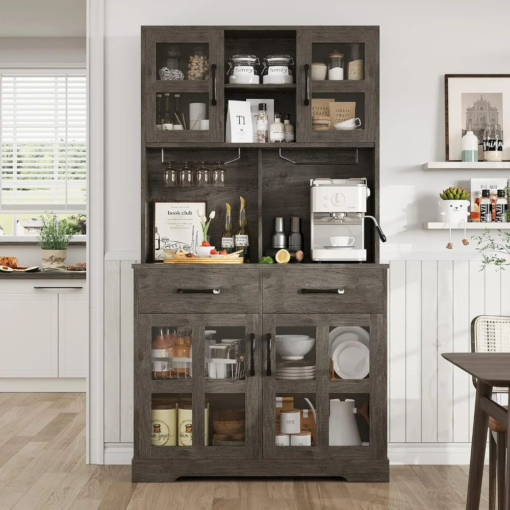 Pantry Storage Cabinet, Modern Pantry with Power Outlet, Food Pantry Cabinet with Wine Glass Holder, Kitchen Hutch Cabinet