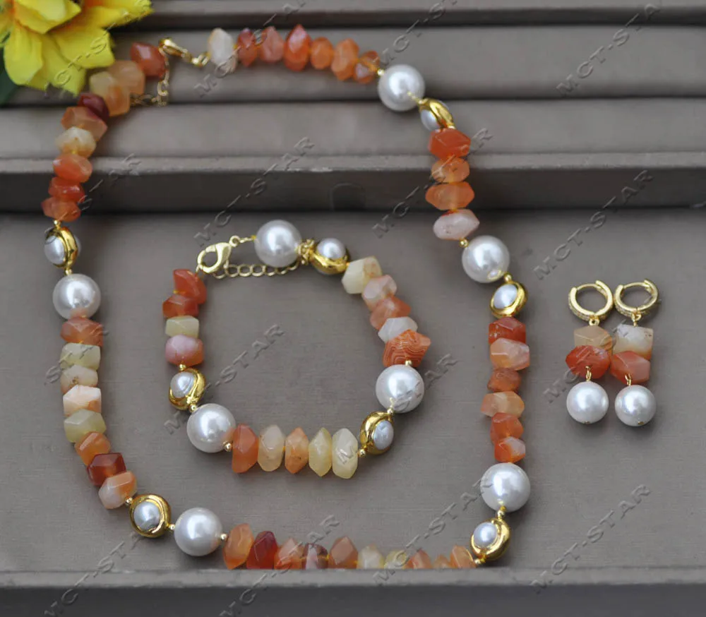 MTC·STAR Set Red Yellow Baroque Agate White Shell Pearl Necklace Bracelet Earring Custom Jewelry (Z13358)