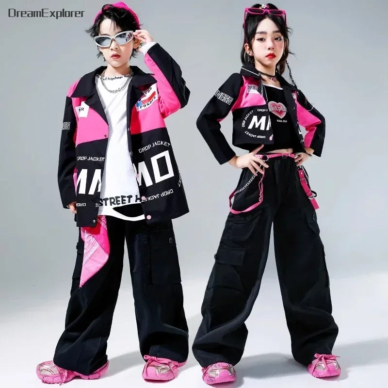 Hip Hop Girls Motorcycle Sport Cropped Jacket Cargo Pants Boys Street Dance Coat Clothes Sets Kids Streetwear Child Jazz Costume