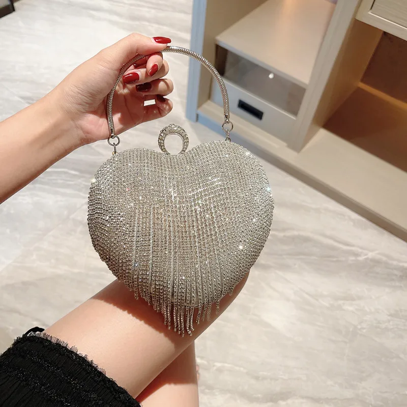 Bolso de noche con diamantes de imitación para mujer, cartera de mano de plata con patrón de corazón, a la moda, para Banquete de diamantes, para