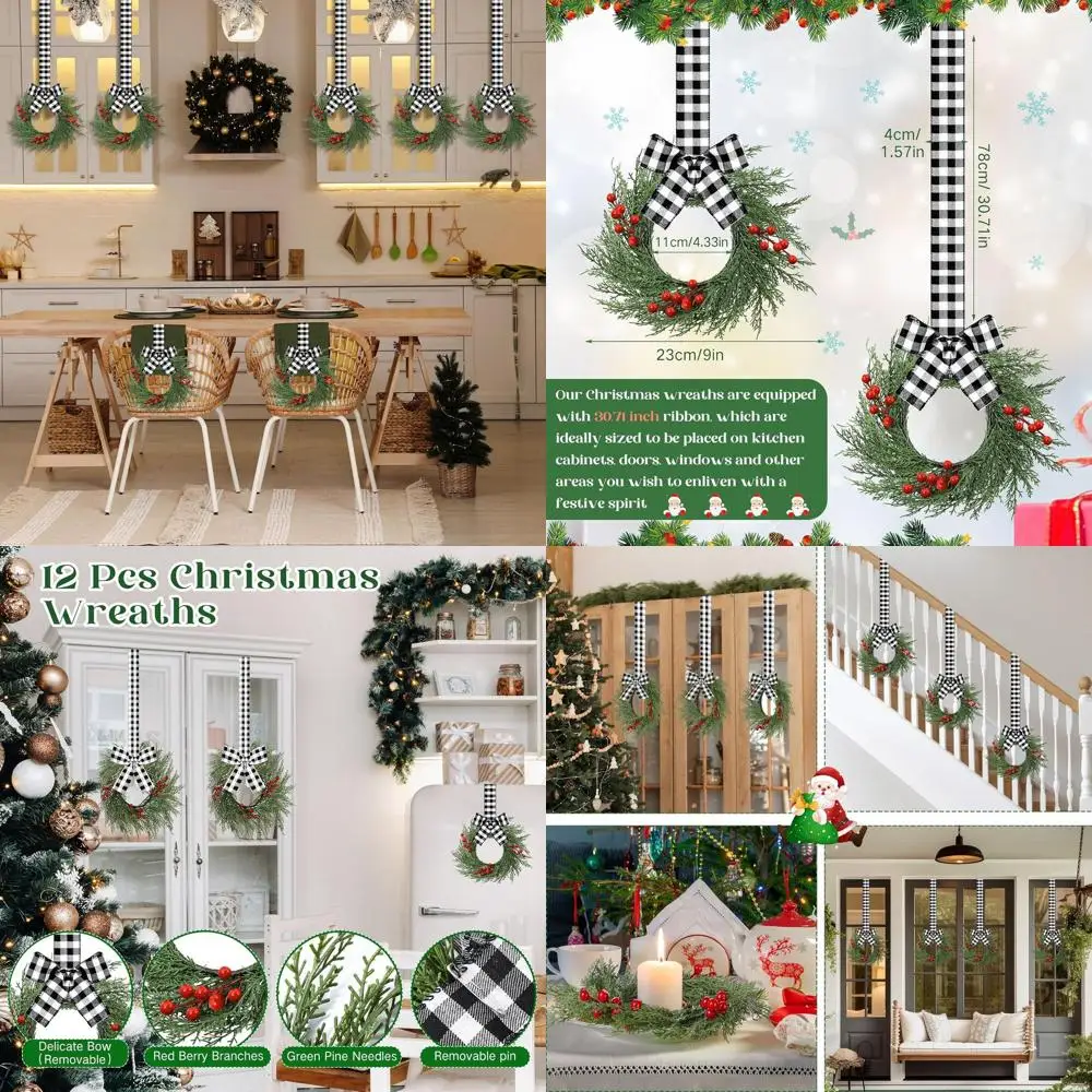 

Artificial Greenery Mini Christmas Wreaths with Plaid Bow Ribbon for Kitchen Cabinets, Front Door, Porch, Wall, Window - Black W