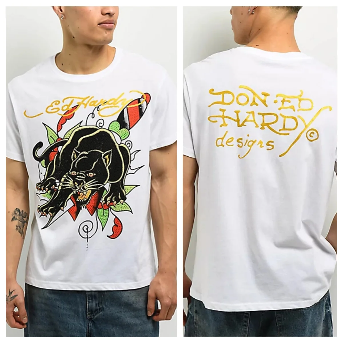 T-shirt en coton avec motif graphique Crouching Panther Ed Hardy Y2k Tattoo Art Street Trendy Brand pour hommes et femmes, streetwear d'été