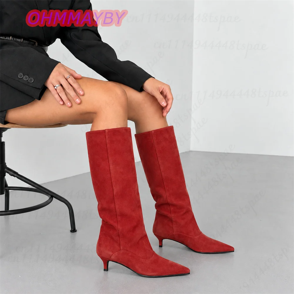 Botas altas hasta la rodilla de ante rojo para mujer, con punta afilada, tacón bajo y diseño de caña estrecha. Elegantes, ideales para otoño e invierno, tanto para vestir como para ocasiones informales o de fiesta. Zapatos de moda.