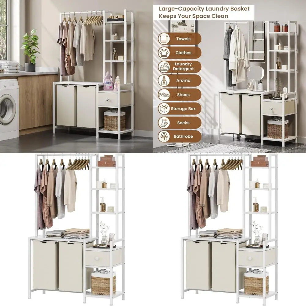 

Пятиуровневая высокая корзина для белья с 2 съемными мешками, белая - идеально подходит для прачечной, ванной комнаты и спальни