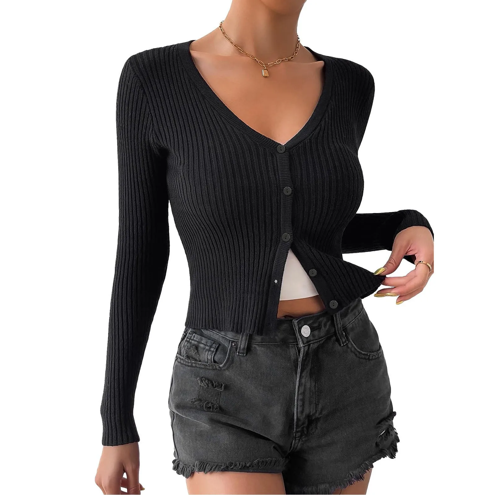 

Women's Ribbed Knitted Button Down V Neck Long Sleeve Solid Color Cardigan Lightweight Cropped Fashion Casual Coat Crop Tops