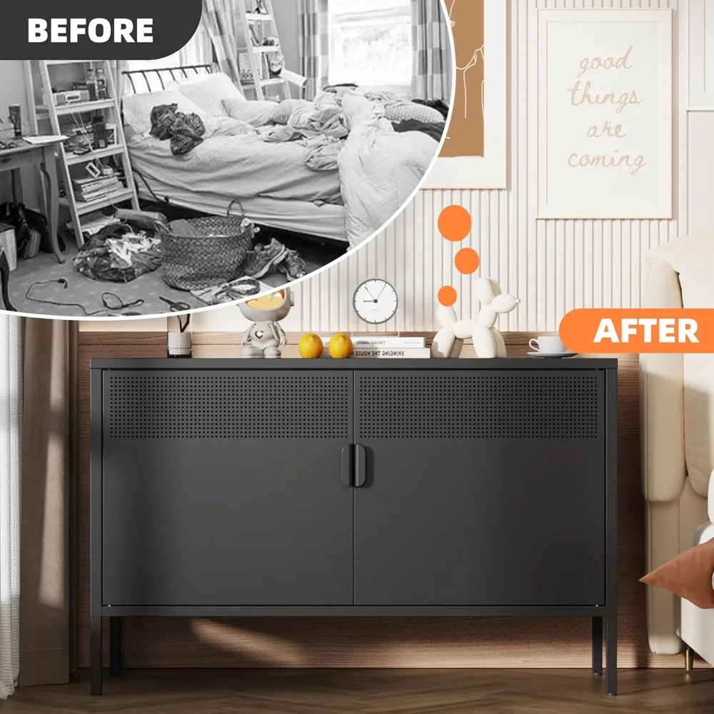 حامل تلفزيون بباب مزدوج مع لمسة شبكية معدنية وإغلاق مغناطيسي، وخزانة تخزين مدمجة مع أبواب ورفوف #6