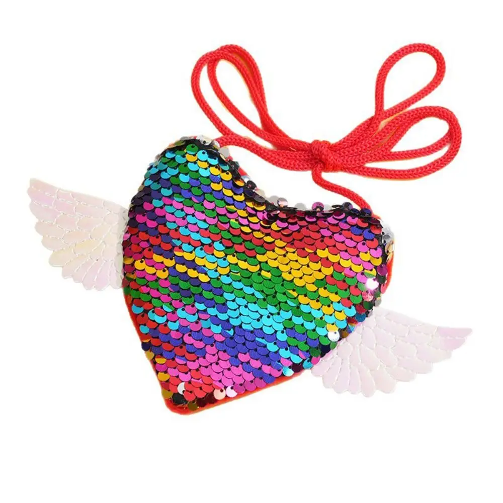 Sequin Sequin Heart Purse Wing Detail Drawstring Kids Shoulder Bag Heart Shape Adjustable Strap Angel Wing Pouch Party Gifts view 5